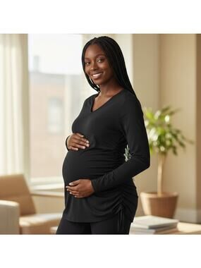 Time & Tru Womens Maternity XL Long Sleeve Tee 16-18 Black Ruched Side Top Shirt